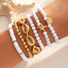 6pcs/Set Ocean Theme Metal Shell & Starfish Beaded Bracelet Set, Suitable For Women Beach Holiday Everyday Matching Jewelry, Birthday/Friendship Gift