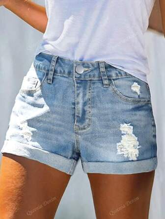 Damen Frühlings- und Sommerdenim Shorts mit Wascheffekt und Rissen, sexy