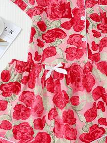 2pcs Set Comfortable Pink Rose Print Lapel Button Short Sleeve Top With Pocket And Bow Shorts Women Pajamas Loungewear Set, Suitable For Home Use, Spring/Summer