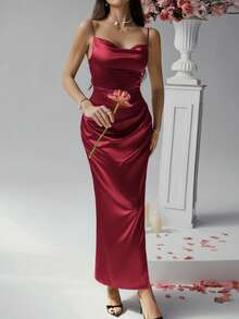 Look Polly 女士夏季连衣裙，纯色真丝吊带连衣裙，适合婚礼、秋季、露肩正式舞会、优雅性感露腿连衣裙、返校节、约会以及独特的红色长款婚纱。