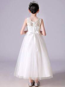 Flower Girls Vintage Lace Wedding Maxi Dress Floor Length Bridesmaid Party Long Pageant Princess Communion Boho Dance Gown - trắng - Xem 4