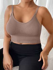 1pc Plus Size Solid Color Sports Bra, Racerback Design, Removable Pads, High Elasticity, Suitable For Yoga, Running - Brown - View 2