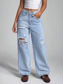 Jeanoix Holes Ripped Casual Water Wash Straight Jeans - Medium Wash - View 3