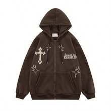 Gothic Embroidery Hoodies Women Retro Harajuku Hip Hop Jacket Zip Up Hoodie Loose Sweatshirt Clothes Y2K Tops - 棕色 - 查看 1