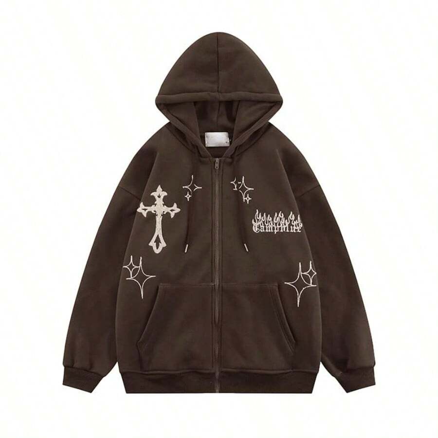 Gothic Embroidery Hoodies Women Retro Harajuku Hip Hop Jacket Zip Up Hoodie Loose Sweatshirt Clothes Y2K Tops - 棕色 - 查看 1