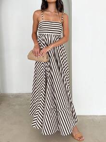 Women Y2K Maxi Dress Smocked Spaghetti Strap Sleeveless Long Flowy Dress Boho Backless Aline Long Dress Summer Casual Beach Sun Dress - 棕色 - 查看 4