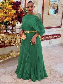 GLOURI Naija Style Black Pleated Maxi Dress - Elegant Mesh Formal Gown With Stretchy Maternity Waist, Nigerian Wedding Guest Dress For Photoshoots/Birthday Parties/African Events (Long Sleeve) - 綠色 - 查看 4