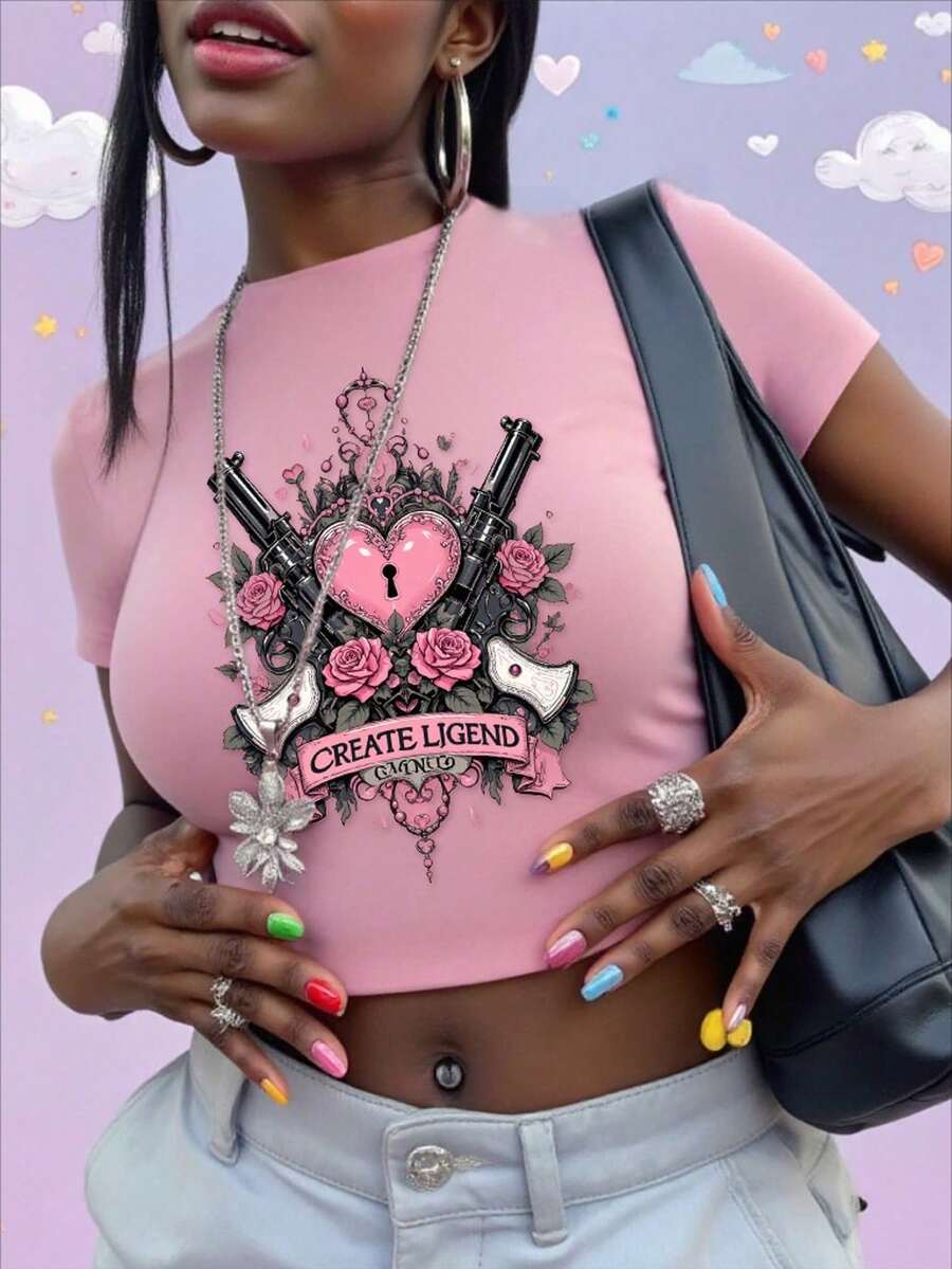 Gun And Rose Placement Print,Women's Crop Length Slim Fit Round Neck Short Sleeve T-Shirts&Top,Rose&Slogan Letter,Daily&Beach&Night Out&Holiday&Office&Home&Street,For Spring&Summer&Fall,Vacation, Vacation,Summer Tops,Summer For Women,Summer,White Top - Baby Pink - View 1