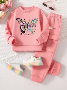 Tween Girl Cartoon Butterfly Print Crew Neck Sweatshirt And Sweatpants Set
