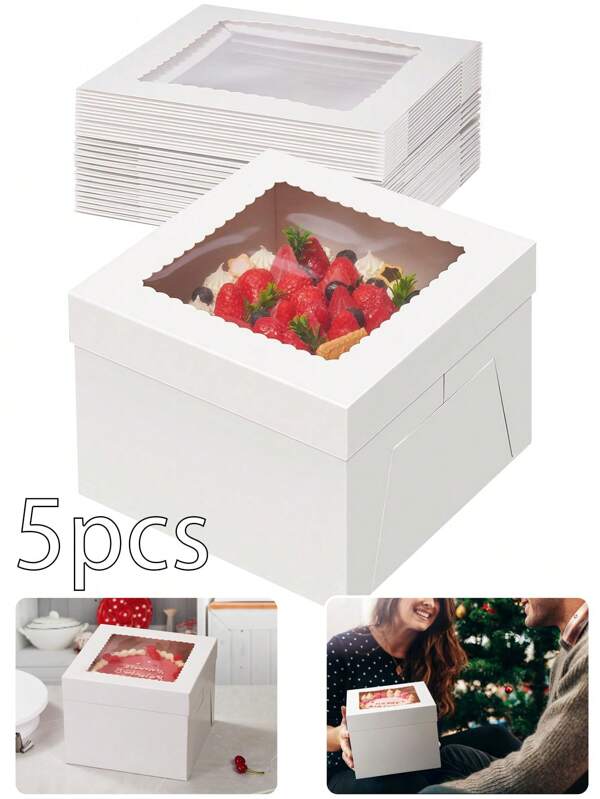 Set de 5 cajas de cartón blancas para pastelería con ventana, cajas multicapa para pasteles con ventana, cajas de pastelería blancas, cajas de horneado grandes, cajas de cartón gruesas y resistentes cuadradas para pasteles, suministros para decorar pasteles, contenedores de papel de cartón para llevar, para obsequios, pasteles, cumpleaños, fiestas, San Valentín, Día de la Madre