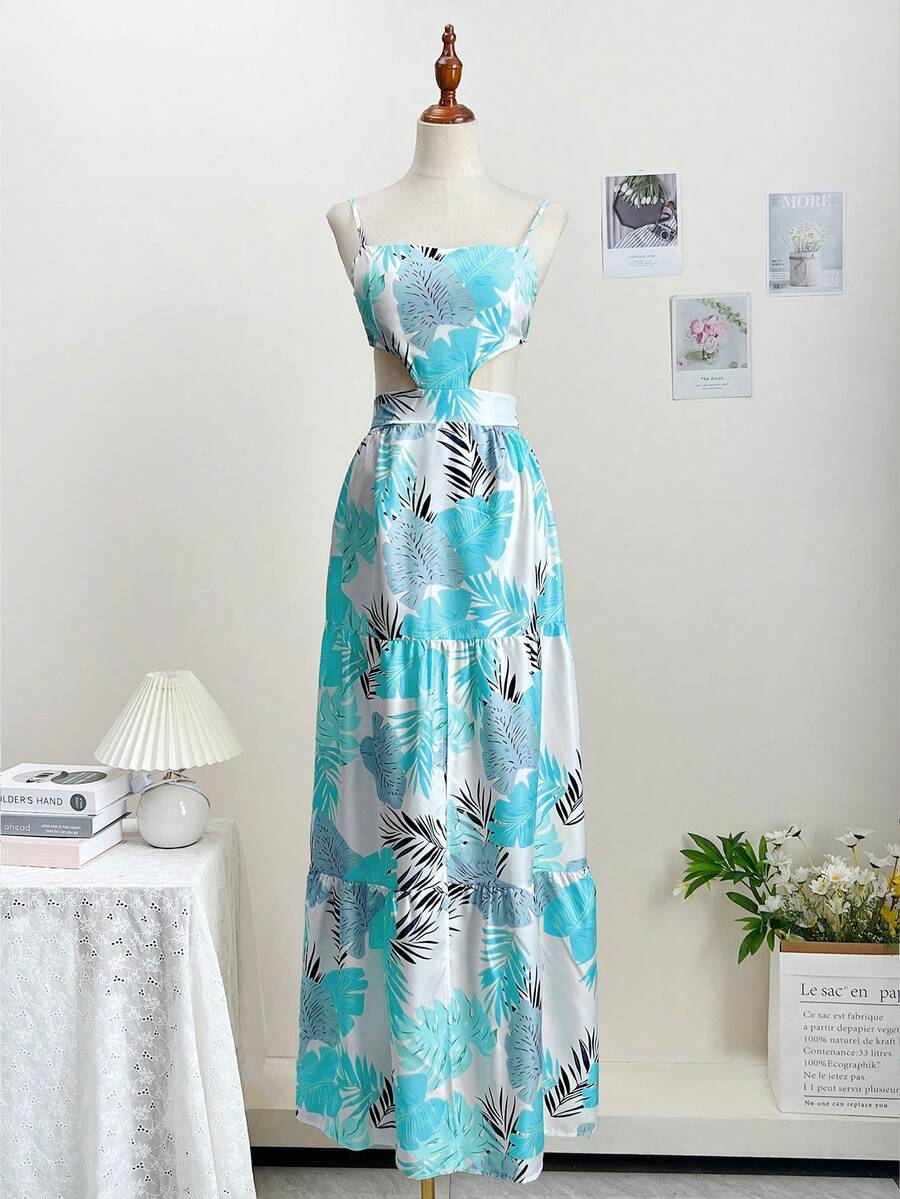 Kami's Graduation Dress,Women Sexy Dress, With Bohemian Style,Printed Back Strap, Exposed Waist, Thigh Slit, Sleeveless, Perfect For Beach Vacations, Long Dress
