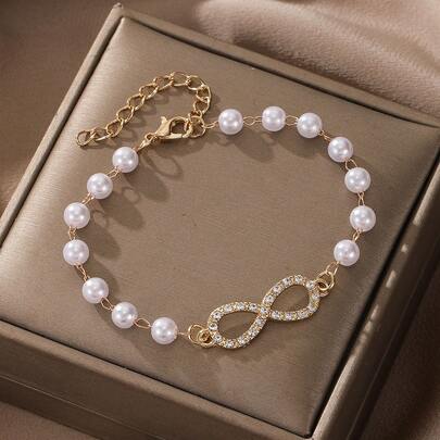 1件時尚的鋯石無限符號裝飾假珍珠手鍊,適用於女性日常裝飾