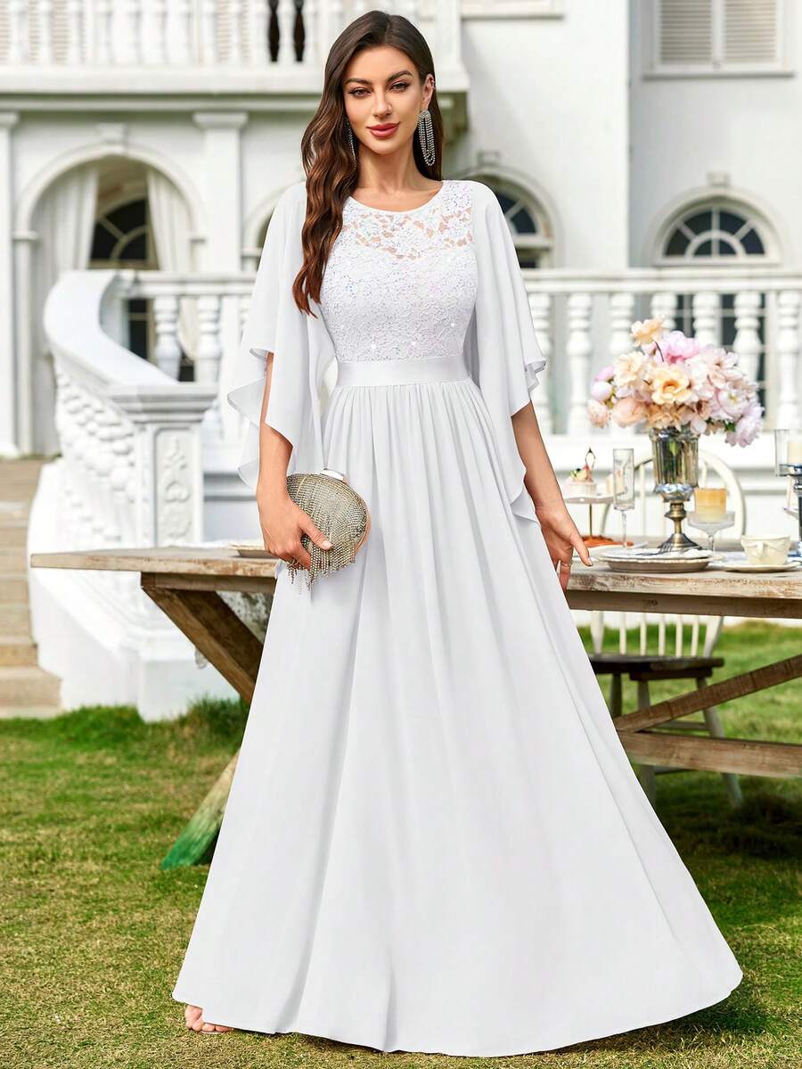 MIUSOL Đầm maxi dự tiệc trang trọng, thanh lịch, chất liệu chiffon, đính sequin và ren hoa, tay áo cánh bướm, thích hợp cho ngày Valentine, đám cưới, màu trắng mùa xuân.