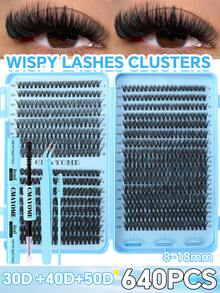 640件DIY睫毛延长套装 - 混合长度10-16毫米，包含10D、20D、30D、40D、50D簇状睫毛、猫眼睫毛、Cosplay睫毛、俄罗斯卷睫毛、自然睫毛、浓密睫毛和夸张睫毛等款式，含粘合剂和密封胶、镊子，适合初学者使用，厚度0.07毫米，D型卷翘，适合家庭使用。睫毛簇状套装，睫毛，假睫毛