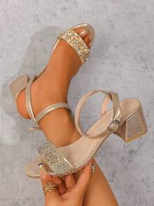 1 Pair Teenage Girls Crystal Studded Strappy Peep Toe High Heel Sandals, PU Leather Comfortable Non-Slip Durable, Suitable For Party, Campus, Dating, Party, Outing 2025 New