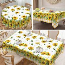 1pc Round & Rectangular Tablecloth - Orange Buffalo Plaid Sunflower & Daisy Floral Pattern, Durable Polyester Woven Fabric, 60x60, 55x70, 60x86 Inch, Spring Summer June Festival Party Picnic Dinner Kitchen Dining Room Indoor Outdoor Decor, Buffalo Plaid Table Decoration, Holiday Dining Table Accessory, Woven Textile
