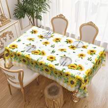 1pc Round & Rectangular Tablecloth - Orange Buffalo Plaid Sunflower & Daisy Floral Pattern, Durable Polyester Woven Fabric, 60x60, 55x70, 60x86 Inch, Spring Summer June Festival Party Picnic Dinner Kitchen Dining Room Indoor Outdoor Decor, Buffalo Plaid Table Decoration, Holiday Dining Table Accessory, Woven Textile