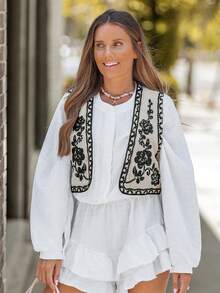 EMERY ROSE 女士无袖花卉撞色刺绣棉质外套，秋季休闲日常穿着，商务休闲，黑色返校季外套，冬季 - 杏色 - 查看 1