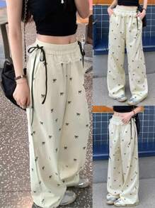 2025 Spring And Autumn Fashion Lace Ribbon Bowknot Print Wide Leg Pants, Suitable For Women In Spring, Autumn, Halloween, Christmas, Saudi National Day, New Year