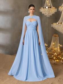 Faeriesty 雪纺两件套，带水钻扣饰边，戏剧性斗篷式覆盖，奢华甜心领口，褶皱紧身胸衣和飘逸连衣裙，适合春夏婚礼、庆典和晚会活动（优雅的正装、透气的面料、醒目的水钻装饰）、派对礼服、礼服，适合婚礼宾客 - 淺藍色 - 查看 1