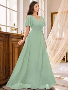 MIUSOL V-Neck Sequin Floral Lace Contrast Color Chiffon Ruffle Sleeve Side Slit Maxi Evening Party Dress - Mint Green - View 7
