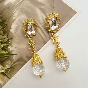 1 Pair Elegant French Sculpture Design Gold Plated Jewelry Accessories, Suitable For Formal Occasions, Gifts For Wife/Mother