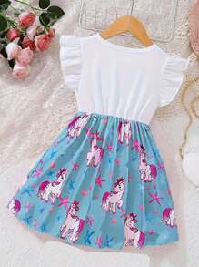 Girls' Fashion Cap Sleeve Dress, Unicorn Print Patchwork Dress, Cute Princess Dress For Girls, Summer