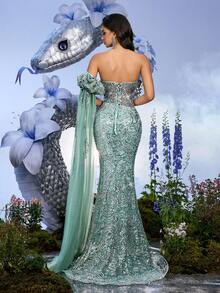 别致优雅纯色亮片网眼拼接露肩系带礼服，适合正式晚会、宴会、毕业派对 - 薄荷綠 - 查看 3