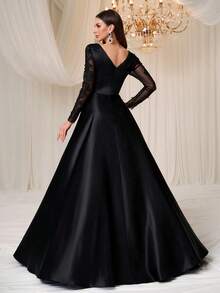 YISIKADO Rochie de seară elegantă din satin cu dantelă contrastantă pentru femei, rochie de bal, rochie de seară elegantă, cu guler pătrat, mânecă lungă, pentru nuntă, banchet, absolvire, aniversare, cină formală, bal, ceremonie, sărbătoare - Negru - Vizualizare 3
