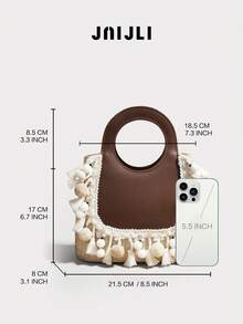 Travachic 1 件复古波西米亚风格流苏草编 PU 皮革手提包，法式复古编织包，适合日常通勤、商务、旅行、海滩，适合送给女性、妈妈、老师、朋友的礼物 - 棕色 - 查看 5