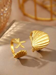 2 piezas Anillos de acero inoxidable con diseño de estrella de mar y concha para mujeres, elegante joyería estilo bohemio para viajes y playa