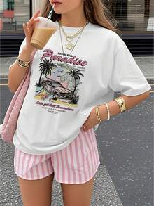 1 Pack Girls Casual Printed Crew Neck Short Sleeve T-Shirt Summer Student Youth Clothing - 白色 - 查看 1