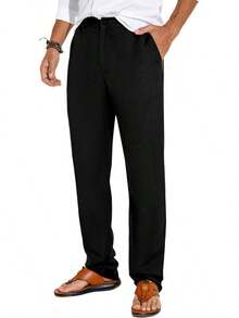Sailwind Men's Summer Beach Linen Pants Casual Lightweight Elastic Waist Drawstring Loose Pants - Black - View 5