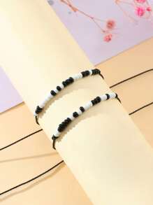 2pcs/Set Regular Black & White Beads I Love You Morse Code Braided Bracelet Set Couple Matching Adjustable Bracelets For Women Men Boyfriend, Girlfriend,BBF,Birthday And Valentine's Day Graduation Decoration Friendship Gifts