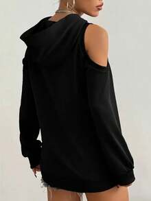Plus Size Women's Solid Color Open Shoulder Long Hoodie Sweatshirt Spring Black - Black - View 5