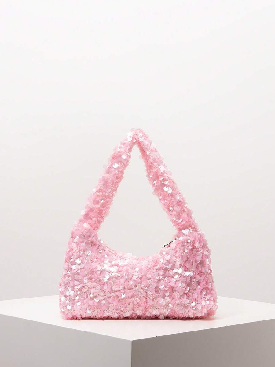 亮片单肩包，闪亮舞会包，新娘派对配饰，优雅女士婚礼包，随机闪光图案 - 粉色 - 查看 1