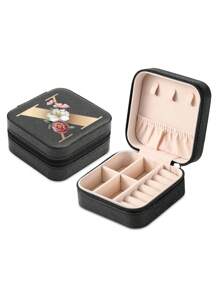 1pc Mini Floral Alphabet Jewelry Storage Box, A-Z Gold Letters, Portable Zipper Travel Jewelry Storage Box, Gift Box For Women, Multi-Function Jewelry Display Stand For Rings, Pendants, Earrings, Necklaces, Etc. - Suitable For Women, Mother, Girlfriend, Valentine's Day Gift Box.