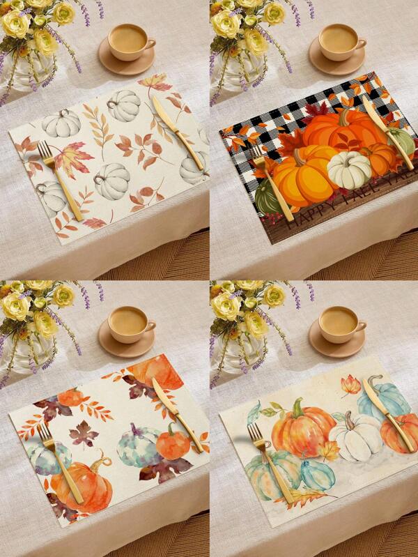 1 Stück / 4 Stück / 6 Stück / 60 Stück wärmeisolierende Tischsets mit Kürbis- und Ahornblattmuster, Tischsets aus Leinen im Buffalo-Karo-Muster für den Herbst, fleckenresistente Tischsets, geeignet für Zuhause, Esszimmer und Restaurant, Tischdekoration, Haushaltsartikel