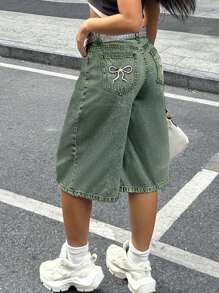 Pantalones vaqueros de mujer de tiro alto y pierna ancha con ajuste holgado, con bolsillos bordados con mariposas