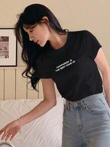2026 Women's ClothesDAZY Women's Round Neck Printed T-Shirt With Slogan HAPPINESS IS THE BEST MAKE UP SummerLoose And Comfortablesummer Shirts - 黑色 - 查看 6