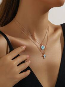 Conjunto de 2 peças de colares lindos com pingente de cinco pétalas e cruz para meninas, acessórios de joias para viagem, festa na praia, verão e uso diário