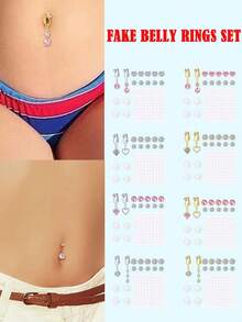 17pcs Clip-On Piercing Jewelry Set, Includes 2 Fake Navel Rings, 4 Clear Silicone Pads, 10 Shiny Zirconia Stones, 1 Sticker, No Piercing Required Navel Clip/Sticker Jewelry, Suitable For Women Daily Wear, Exquisite Gift - Multicolor - View 6