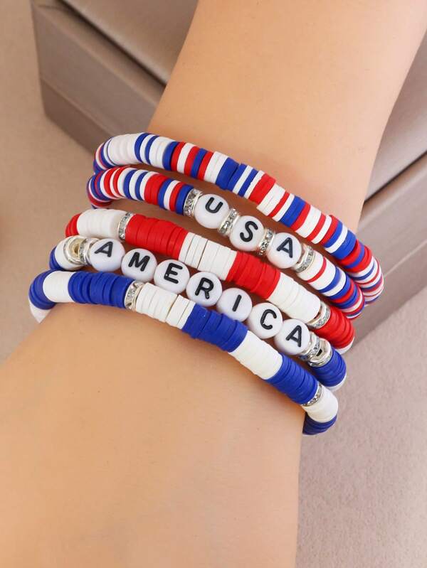XJYHDY 5pcs/Set Independence Day Themed Beaded Bracelet With Flexible Strap, Letter & Star Design, Multi-Color Stylish Jewelry Accessories