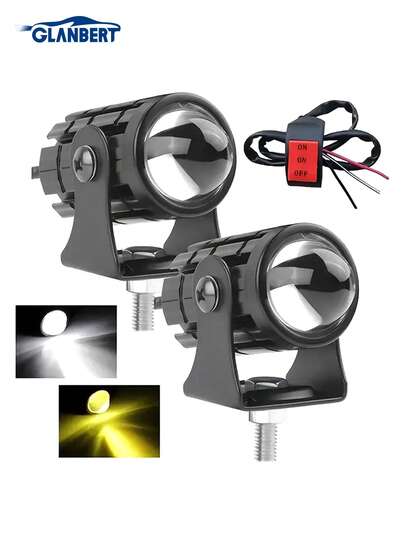 GLANBERT 2 piezas/Paquete Faros de motocicleta con interruptor Lámparas LED de aluminio miniatura con diseño de foco externo de doble color para motocicletas y vehículos eléctricos