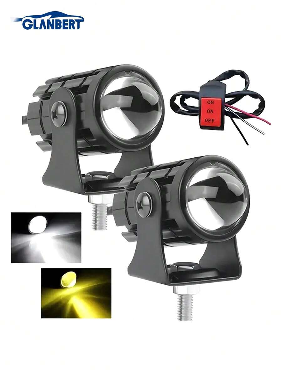 GLANBERT 2 piezas/paquete Faro de motocicleta con interruptor, luz mini de aluminio LED, diseño de foco de doble color, adecuado para motocicletas y vehículos eléctricos