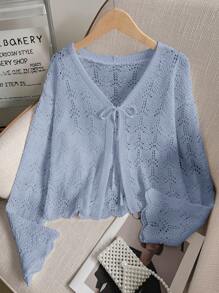 Women's Beach Cover Up Cardigan - Hollow Out Knitwear Top With Bow Tie, V-Neck Loose Drop Shoulder Design, Bikini Women Crochet Crop Tops Tie Front Bell Long Sleeve Knit Shrug Shrugs Girl's Knitted Plus Size Flounce, Spring Summer Fall