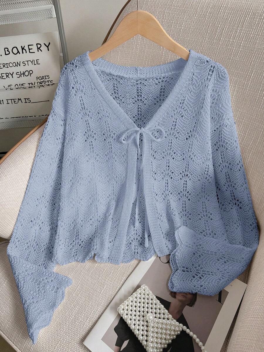 Women's Beach Cover Up Cardigan - Hollow Out Knitwear Top With Bow Tie, V-Neck Loose Drop Shoulder Design, Bikini Women Crochet Crop Tops Tie Front Bell Long Sleeve Knit Shrug Shrugs Girl's Knitted Plus Size Flounce, Spring Summer Fall