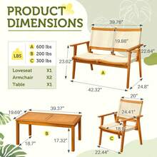 4 Piece Outdoor Patio Furniture Sets Acacia Conversation Set Rope Woven Chairs With Wooden Coffee Table For Garden Lawn Patio Deck - 米色 - 查看 7