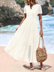 Women's Spring And Summer Maxi Dress Short Sleeve V Neck Hollow Out Eyelet A Line Long Flowy Wedding Guest Beach Vacation White Dresses For Women - 白色 - 查看 1