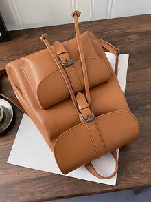 Stylish Black Leather - Like Backpack With Retro Buckle Design For Outings - Brown - View 4